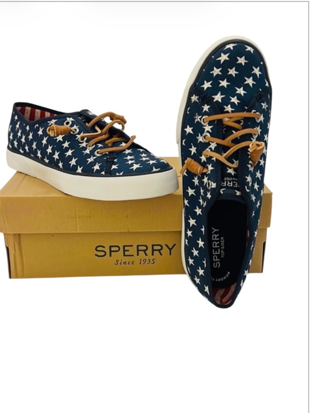 Sperry Chic Navy Pier View Stars Print Canvas Sneakers with Tan Laces Size 7 1/2 - Picture 2 of 7